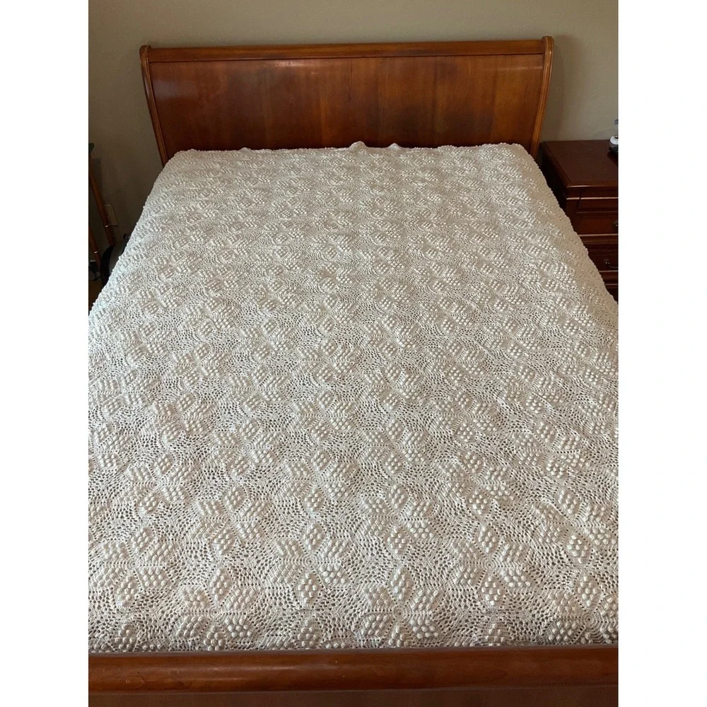Antique Handmade Crochet Bedspread Cover Popcorn Star Motif Cottagecore Heirloom